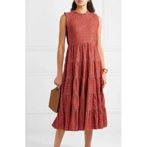 Doen Raven Tiered Floral Cotton Corduroy Midi Dress Burgundy Wildflower Size M